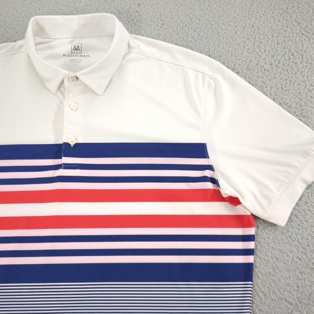 Mizzen+Main Polo Shirt Mens Large Blue Stripe Golf Performance Stretch Trim Fit